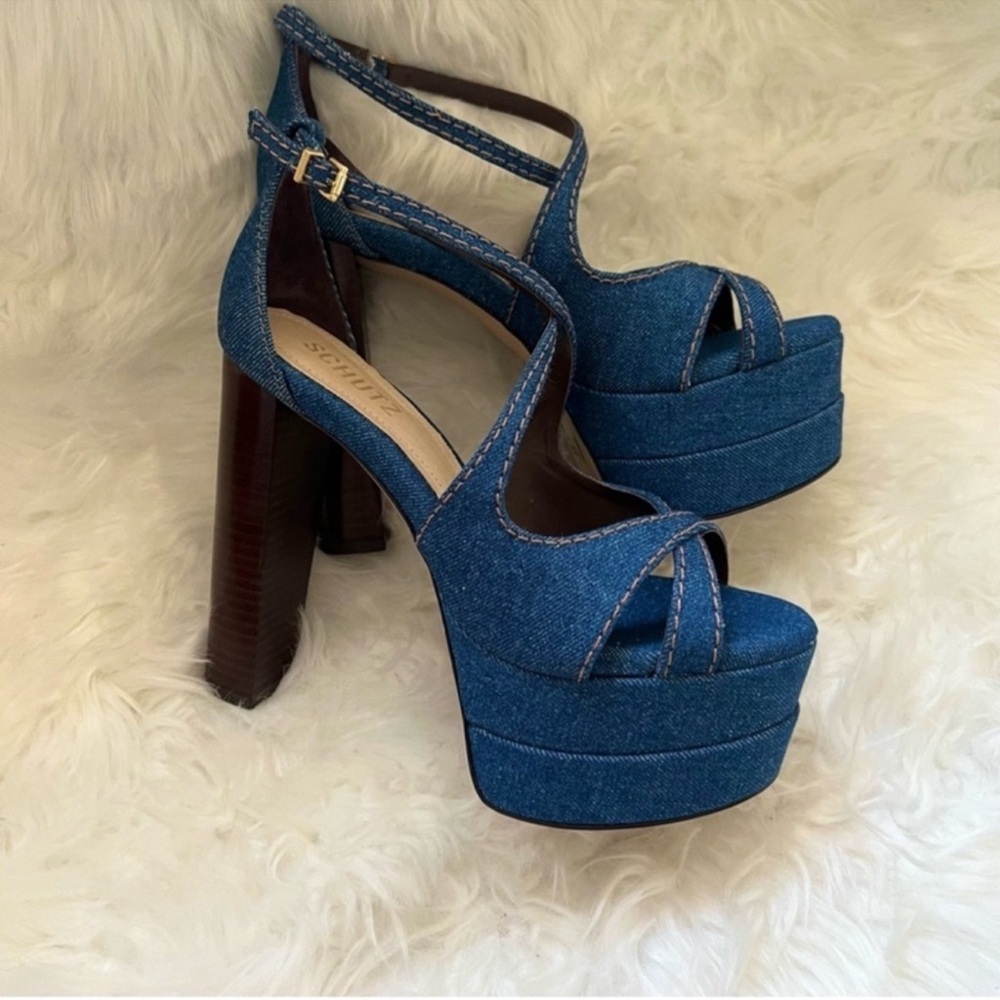 New! Schutz Latifah Denim Platform Block Heel Sandals in Blue - Picture 5 of 12